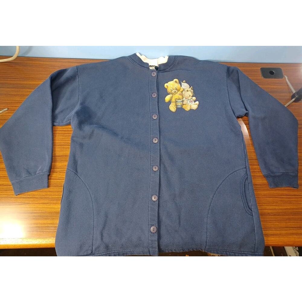 Vintage Morning Sun Button Up Blue Cardigan Patriotic Bears Size XL Womens